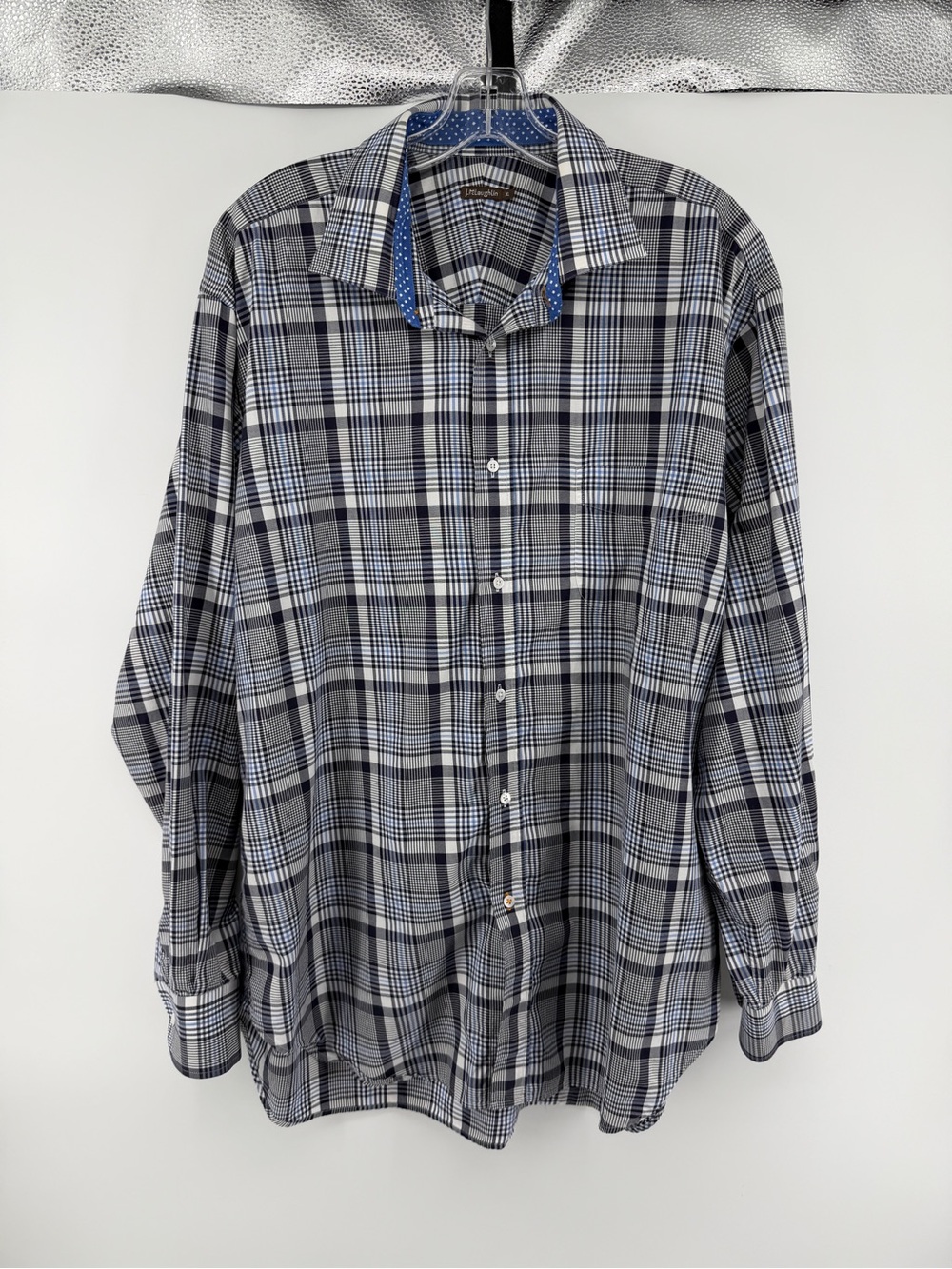 J.McLaughlin Preppy Coastal‎ Old Money Plaid Dress Shirt Contrast Trim Blue XL